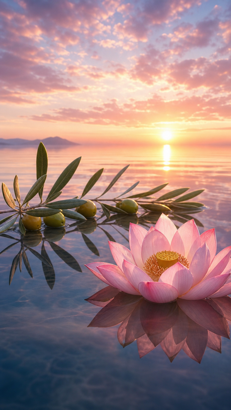 Olive Branch and Lotus at Dawn