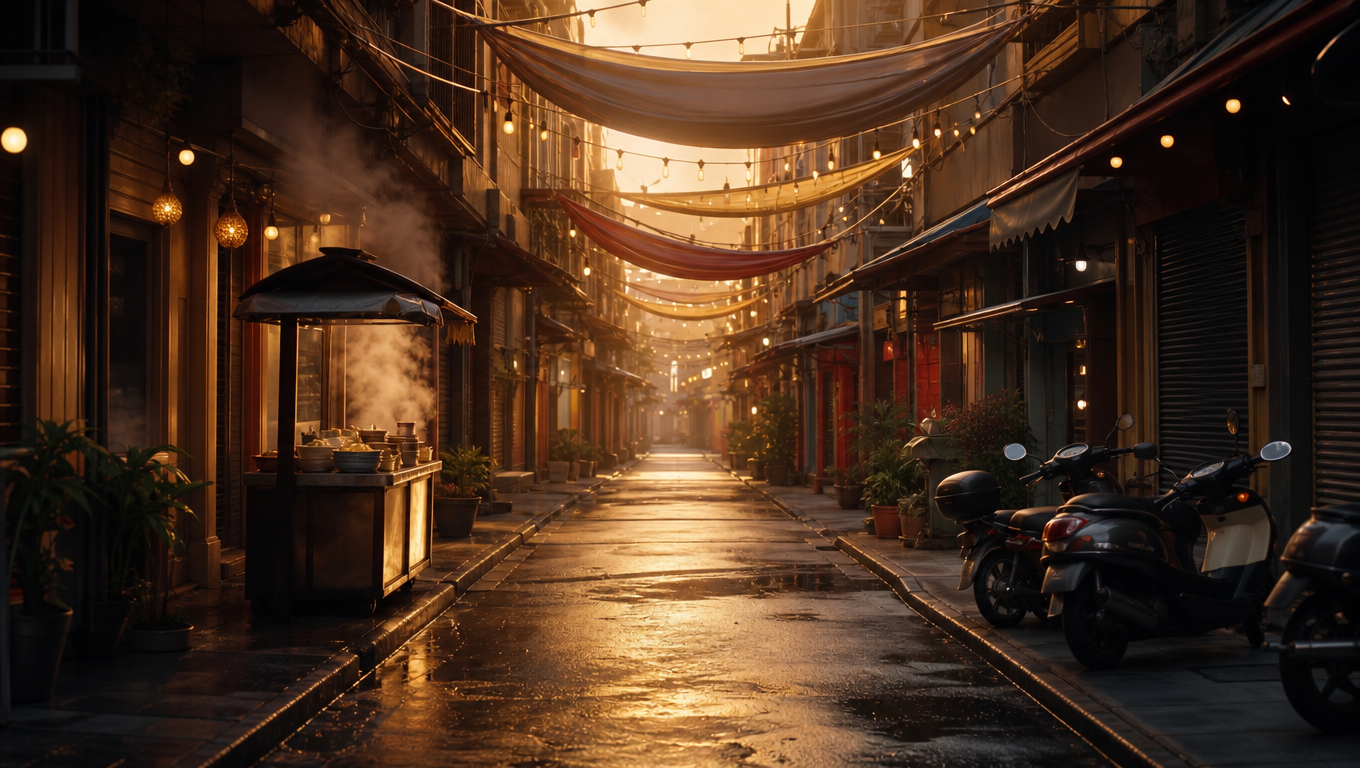 Wet Bazaar Street at Golden Hour