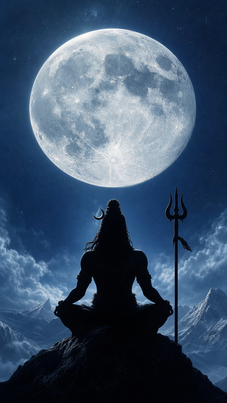 Shiva Silhouette Against Full Moon