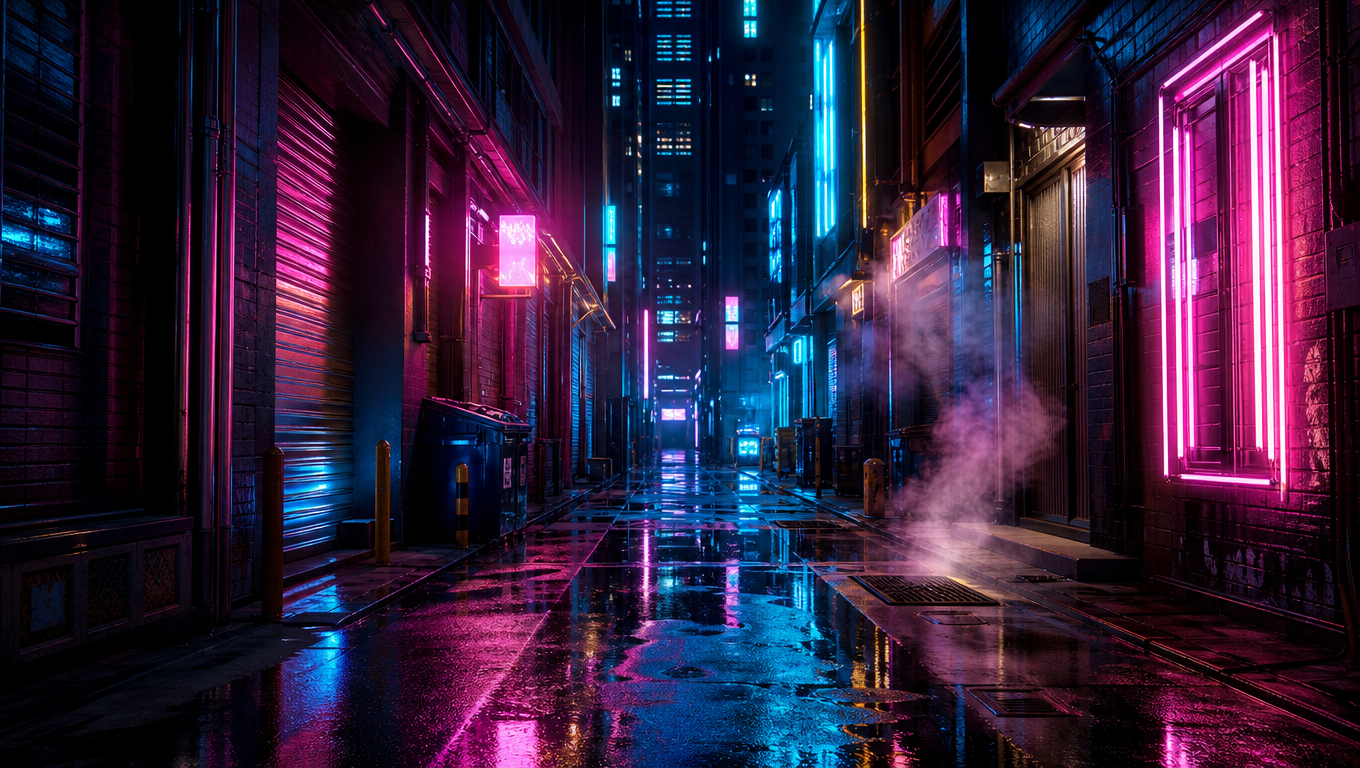 Neon Rain Alley Reflections
