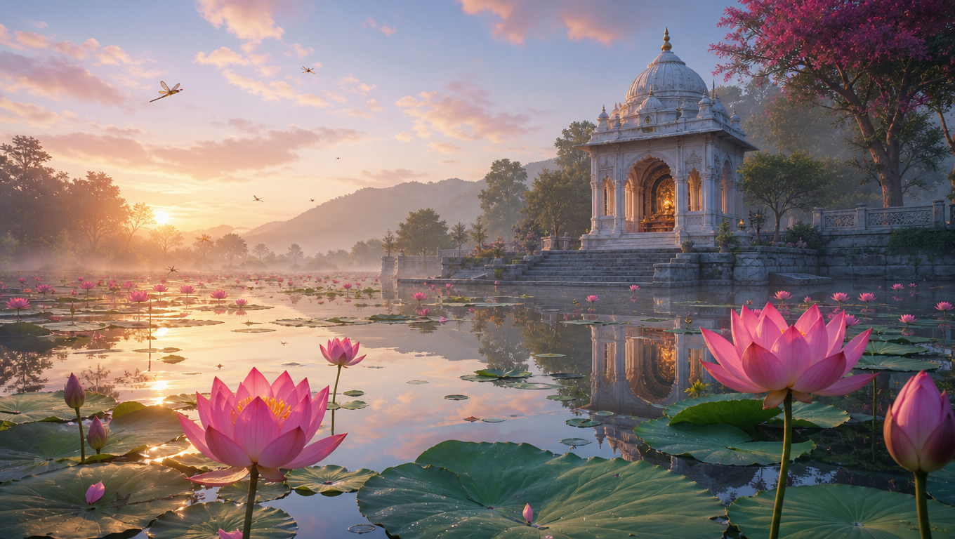 Lotus Pond Before a Quiet Mandir