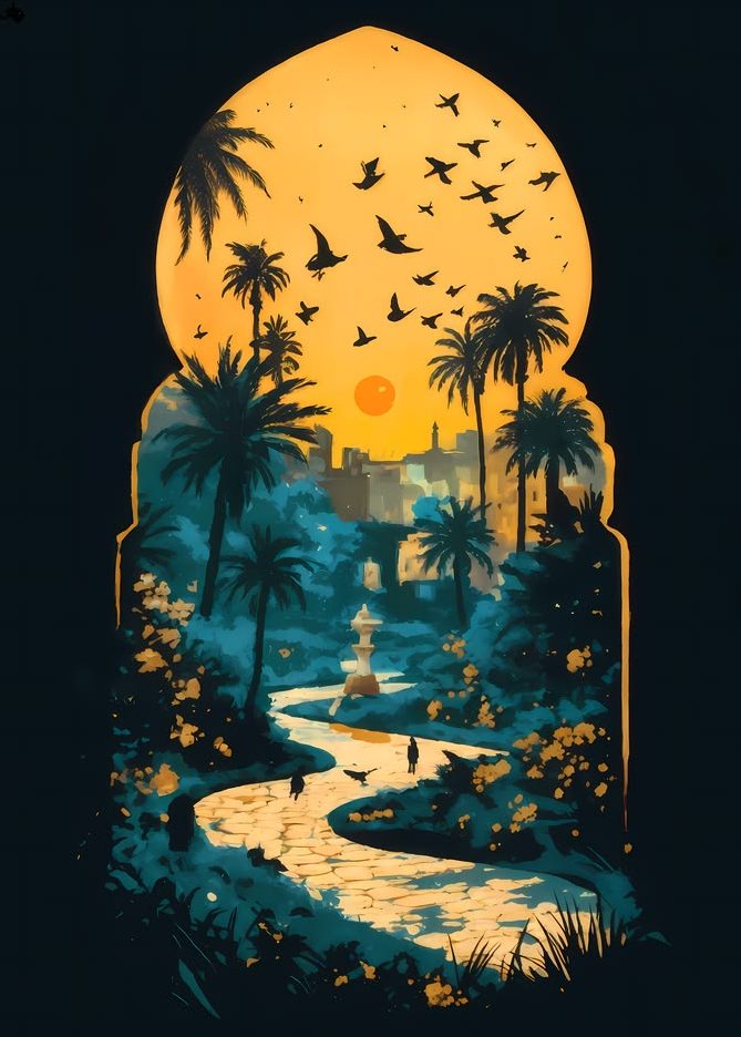 Poster illustration of a palm garden and hilltop town at sunset seen through a Moorish keyhole arch.