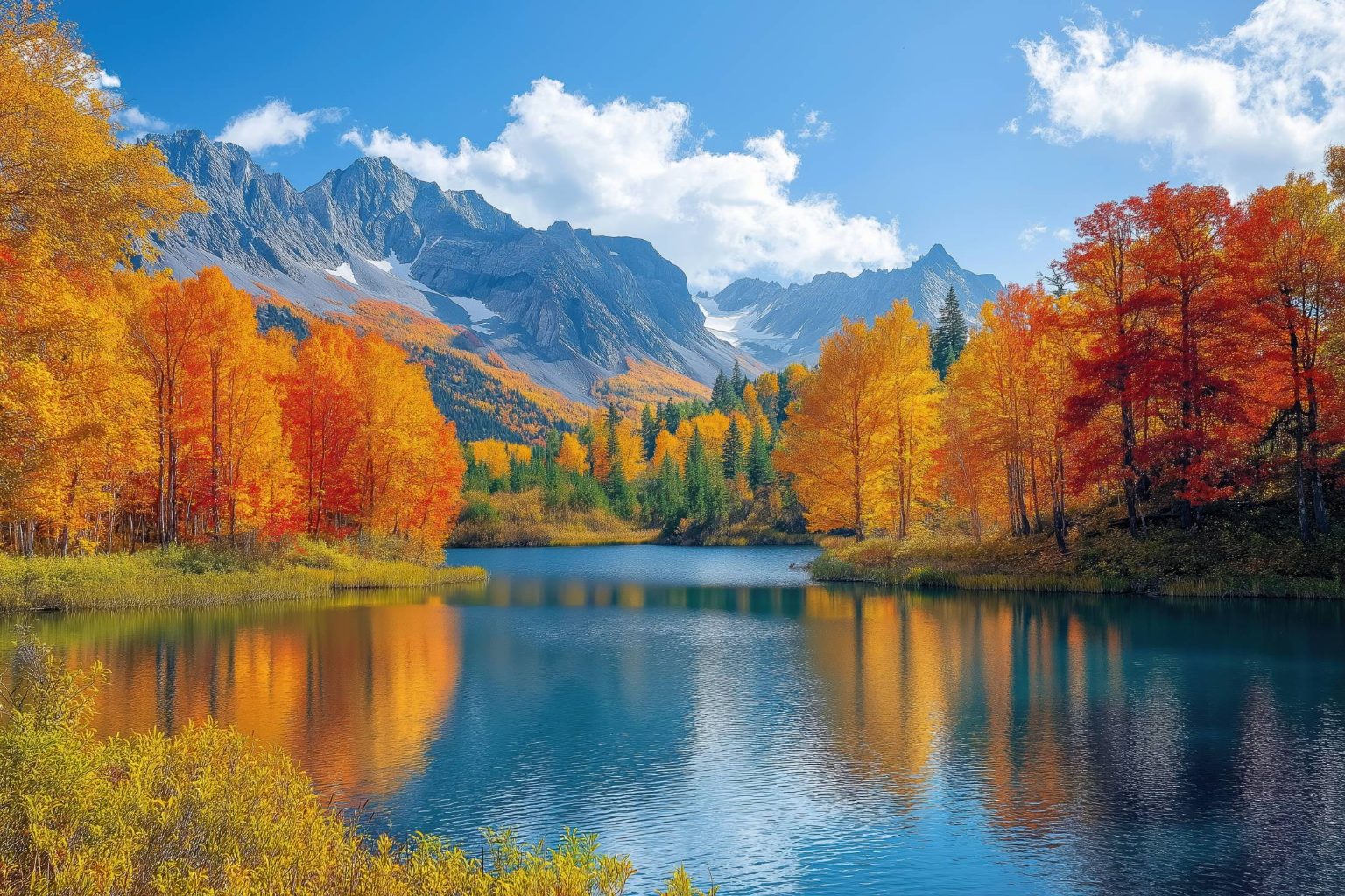 Blue mountain lake framed by orange autumn trees with snow-streaked grey peaks under a blue sky.