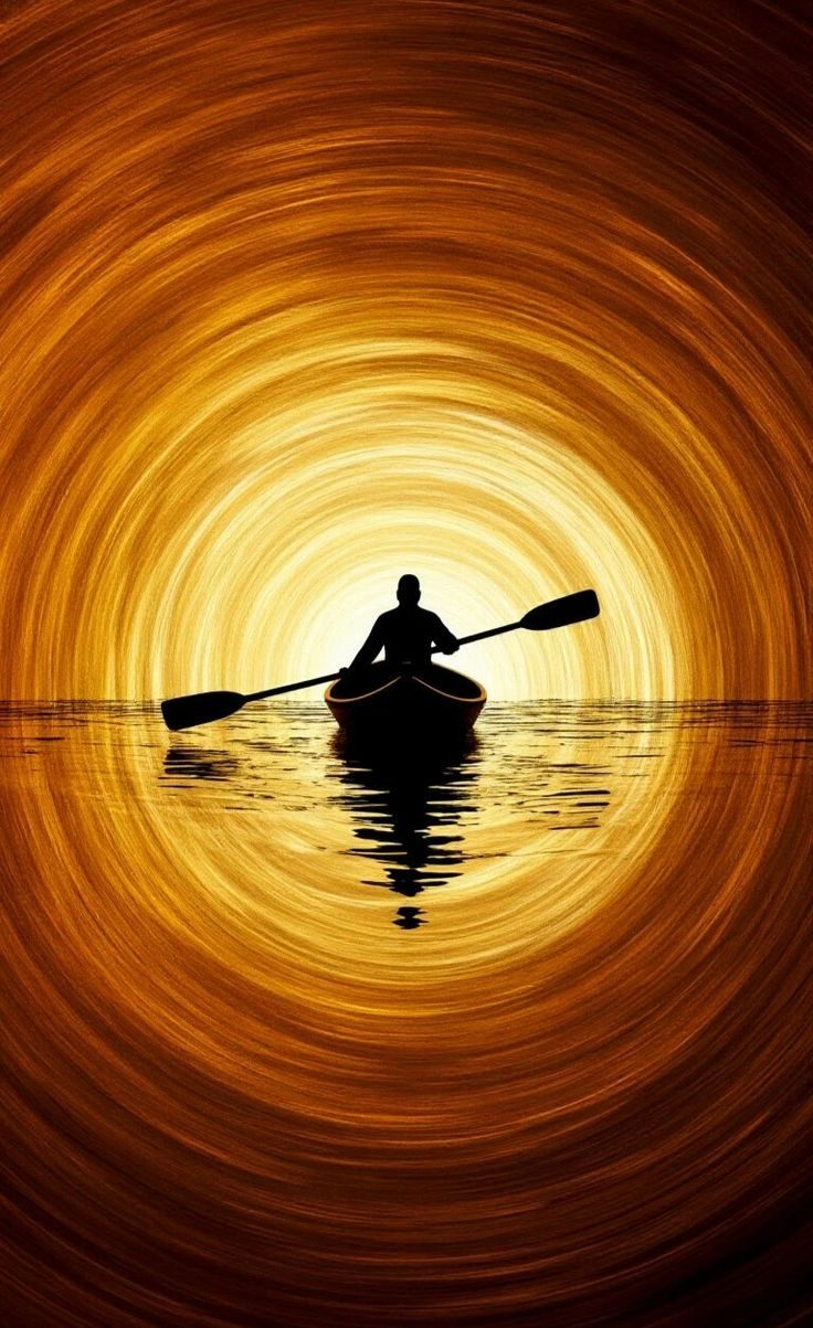 Silhouetted rower in a small boat against an enormous concentric spiral of golden sunset light.