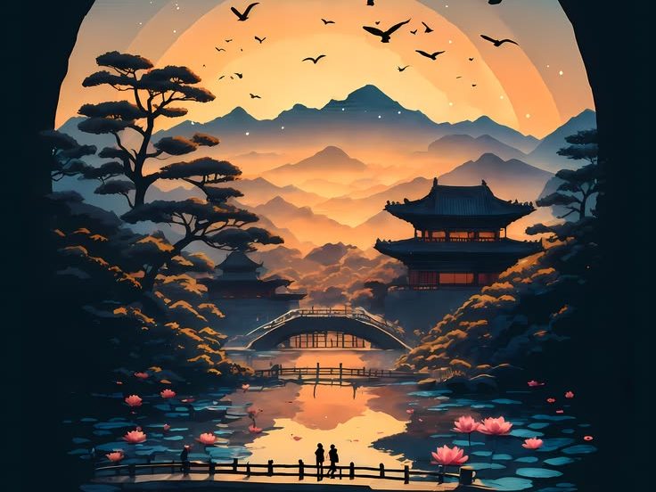 Flat illustration of a pagoda and arched bridge over a lotus pond against an orange sunset and birds.