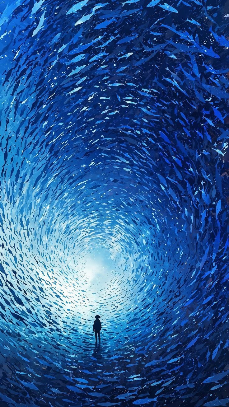 Illustration of a lone figure beneath a vast spiralling tunnel of blue fish opening onto white light.