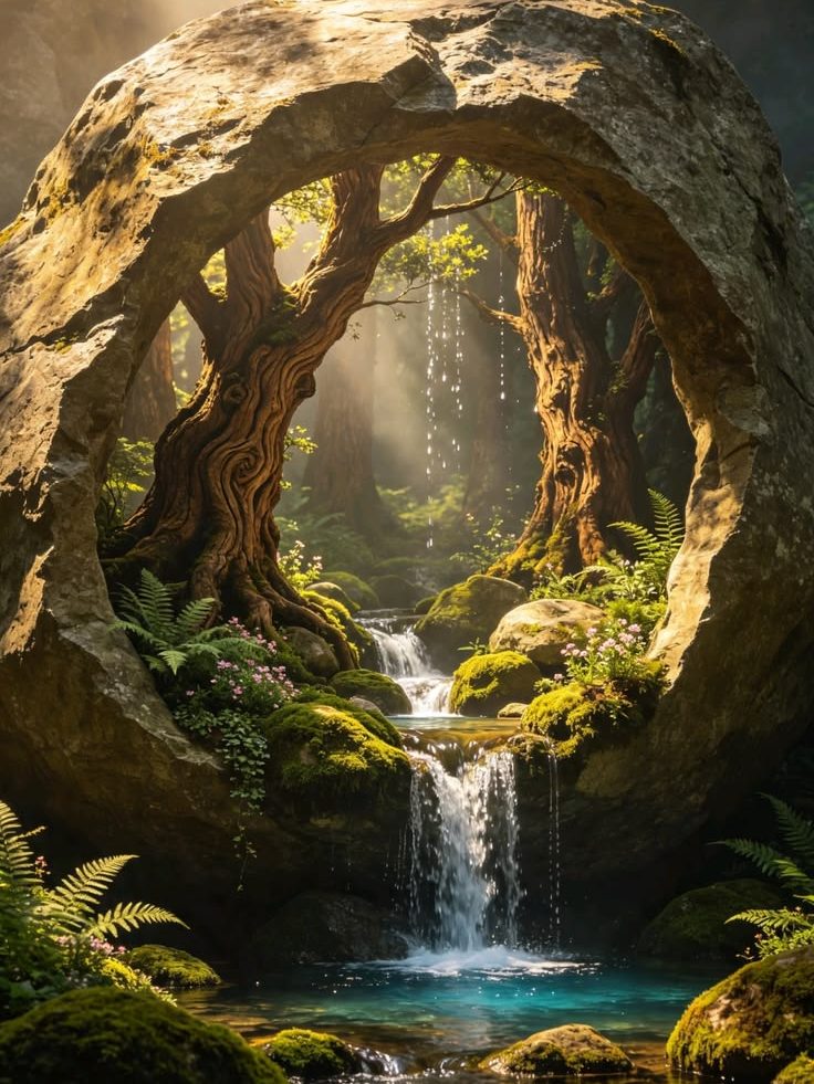 Mossy stone arch framing a waterfall, turquoise pool and ancient twisted trees in a sunlit forest.