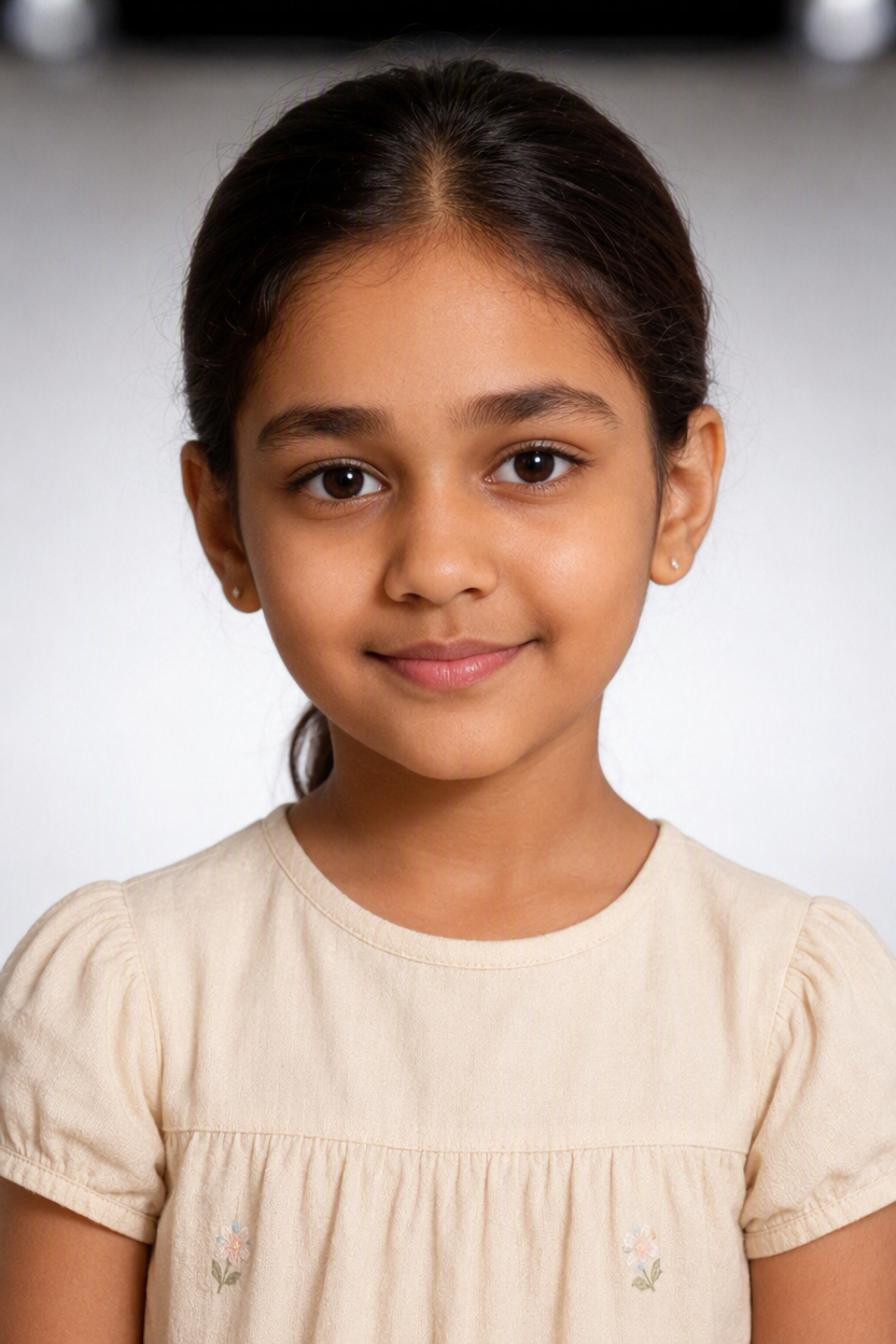 Studio headshot of a young girl with her hair tied back, in a cream embroidered dress on white.