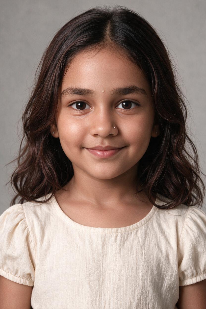 Studio headshot of a young girl with wavy shoulder-length dark hair in a cream top on grey backdrop.