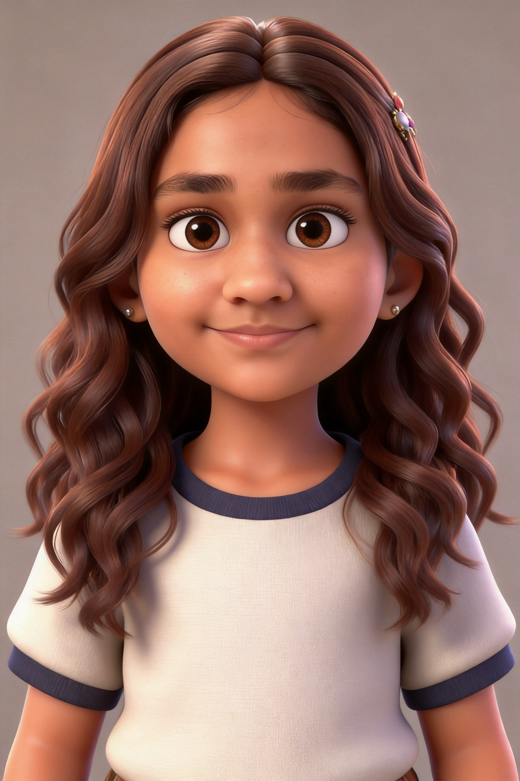 3D animated portrait of a smiling girl with long wavy brown hair and a cream ringer t-shirt.