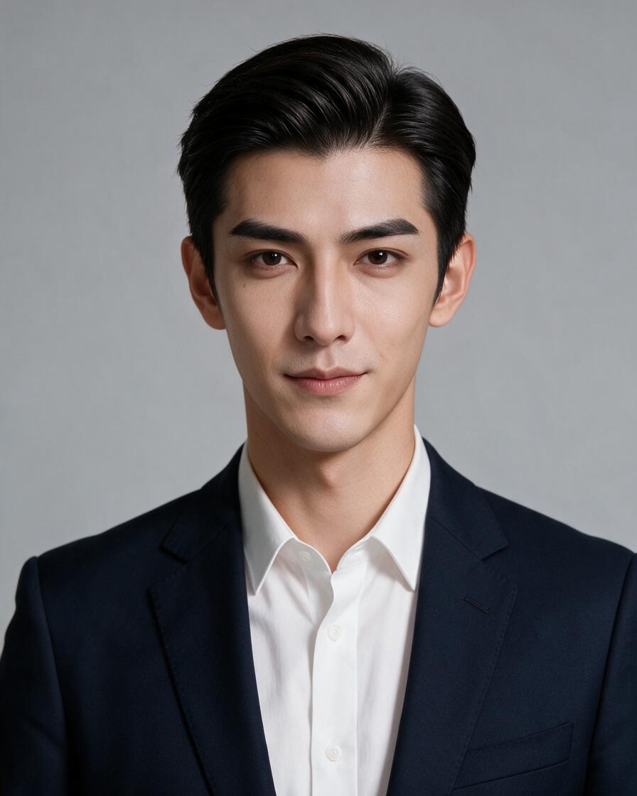 Studio headshot of a young man in a navy blazer and white shirt against a light grey background.