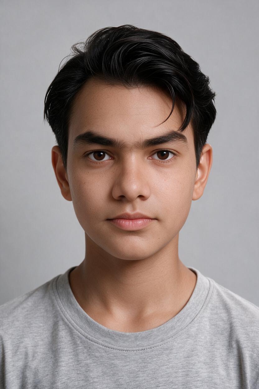 Neutral studio headshot of a young man with swept-back black hair in a grey t-shirt on grey backdrop.